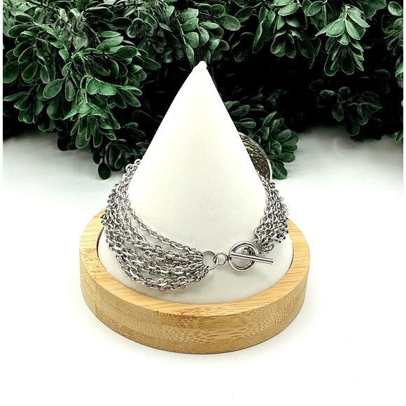 Silver Tone Multi-Strand Chain Bracelet With Hammered Circular Disc Pendant - Picture 5 of 6